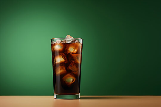 Cold brew coffee in a green background with space for text. Copy space, empty space for text