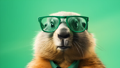Groundhog wearing glasses and a suit in a green background. Groundhog day concept