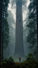 Person standing in front of a redwood tree - obrazy, fototapety, plakaty