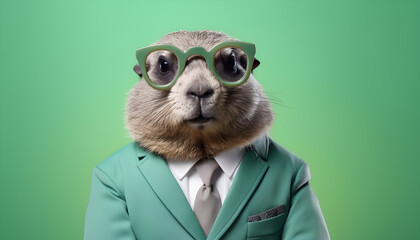 Funny and adorable Groundhog wearing glasses and a suit in a green background. Groundhog day concept - obrazy, fototapety, plakaty