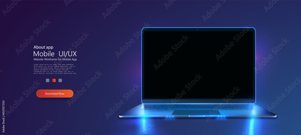 Poster a portable neon computer with a blank screen and a desk in a dark room with blue lighting. technolog
