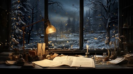 Winter writer window vintage style - obrazy, fototapety, plakaty
