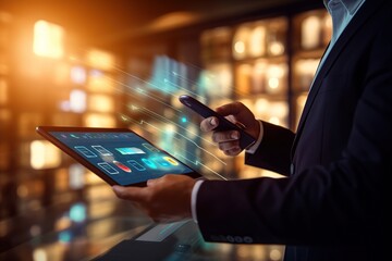 Businessman use modern interface payment, online shopping and customer network connection on virtual screen, smart logistics, innovative logistics, future of transportation in a large warehouse	