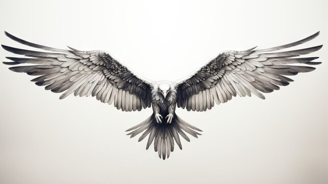  a black and white photo of a bird with wings spread.  generative ai