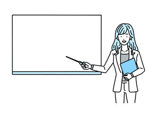 ホワイトボードを使って解説する女性・ビジネスパーソン