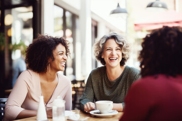 Happy smiling middle aged female friends sitting in a café laughing and talking during a lunch break