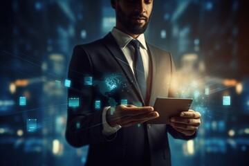 Businessman use modern interface payment, online shopping and customer network connection on virtual screen, smart logistics, innovative logistics, future of transportation in a large warehouse	