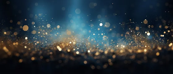 Deurstickers Abstract glitter lights background in blue, gold and black colors. Defocused bokeh effect. Banner for festive, celebration or party themes. © hassan