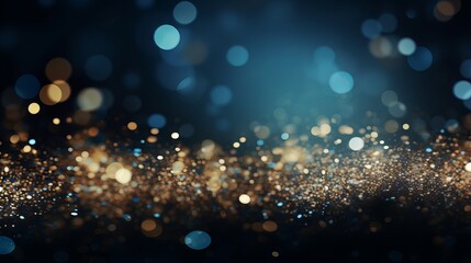 Abstract glitter lights background in blue, gold and black colors. Defocused bokeh effect. Banner for festive, celebration or party themes.