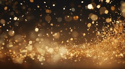 Golden glitter particles falling on light background. Sparkling gold confetti with magical effect. Festive and elegant design element