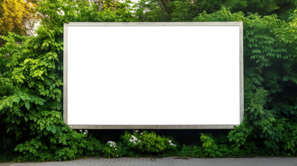 blank billboard mockup surrounded by trees and green foliage in the city