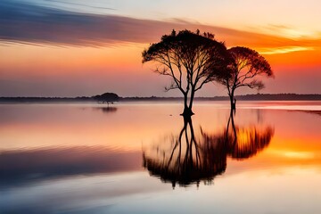 Fototapeta na wymiar sunset over the sea with trees