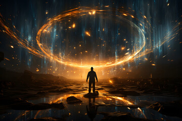 Human into a swirling vortex of light and energy, representing the moment of time travel. - obrazy, fototapety, plakaty