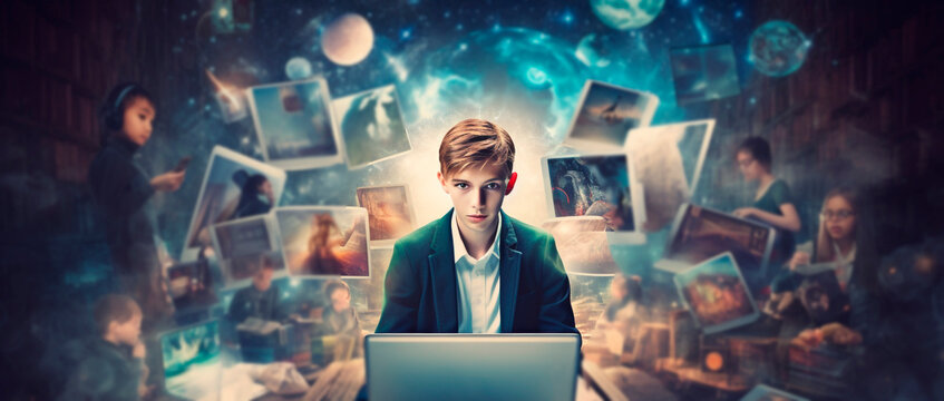 image of online education system in the modern world, new technologies for teaching schoolchildren and students. Generative AI