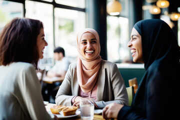 Happy smiling female friends sitting in a café laughing and talking during a lunch break