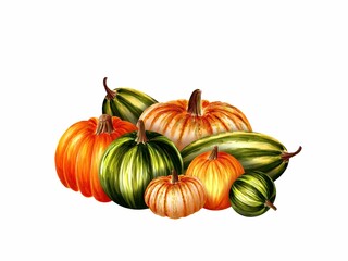 Composition of colorful autumn pumpkins, hand drawn marker illustration in watercolor technique isolated on white. For postcards, greeting cards, cross-stitching, prints for clothing, shoppers, mugs