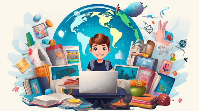 graphic illustration of online education of schoolchildren and students, image of online education system in the modern world. Generative AI
