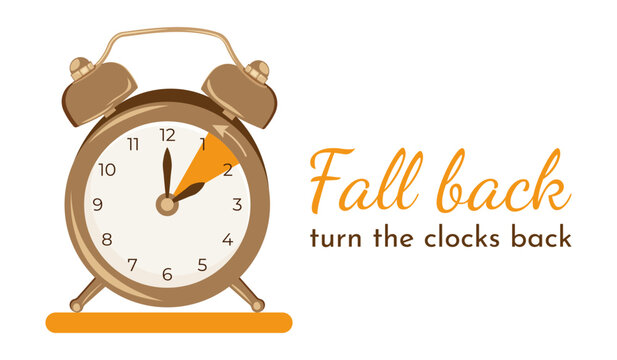 Daylight Saving Time Ends November 5, 2023. Alarm Clock Set To Clock Back One Hour. Winter Time, Fall Back. Web reminder banner. Picture of clocks with arrow hand turning back an hour. Yellow. Autumn