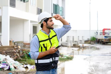 Poster portrait of young engineer in vest with white helmet standing on construction site, smiling and holding smartphone for worker, internet, social media. © bigy9950