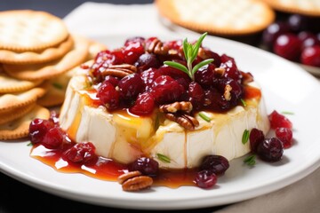 Baked Brie with Cranberries and Nuts Isolated on a White Background - obrazy, fototapety, plakaty