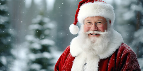 Santa Claus smiling against snowy forest background