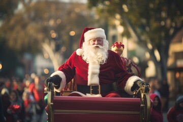 Holiday parade featuring Santa Claus riding in a float, spreading cheer to the crowd. Generative Ai