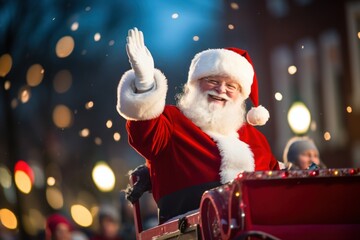Holiday parade featuring Santa Claus riding in a float, spreading cheer to the crowd. Generative Ai