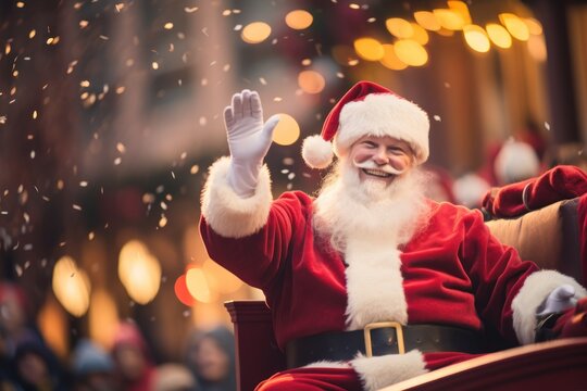 Holiday parade featuring Santa Claus riding in a float, spreading cheer to the crowd. Generative Ai