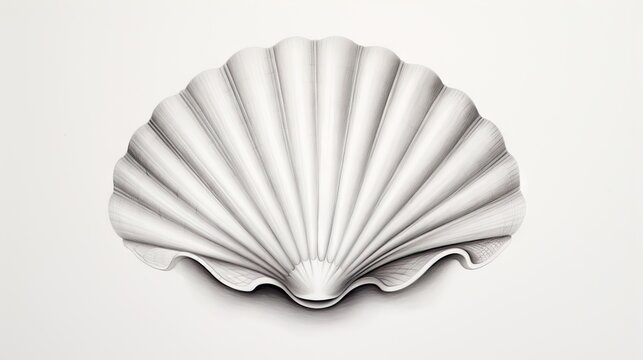  a white scallop shell on a white background The shell is in the center of the image, with its intricate details and curved edges clearly visible The white color o