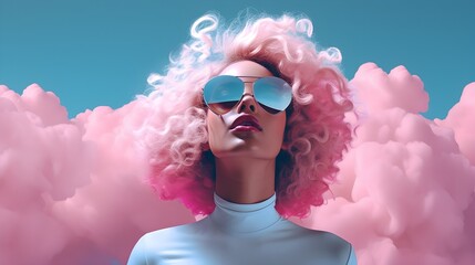 Abstract Portrait of a Woman with Pink Hair and sunglasses. A Surreal and Artistic Photo of a woman with Pink Cloud Hair and a Blue cloudy sky Background. Generative AI