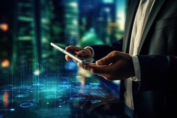 Businessman use modern interface payment, online shopping and customer network connection on virtual screen, smart logistics, innovative logistics, future of transportation in a large warehouse	