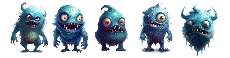 five funny blue monster with alpha channel