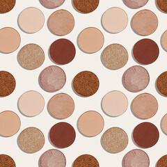 Pattern with refill eye shadow natural color on white background. Makeup palette eyeshadows powder, shine and matte, seamless minimal print aesthetic, beige brown color gradient, top view, flatly
