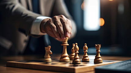 A businessman moving chess piece on chess board game. Marketing planning concept. Generative Ai