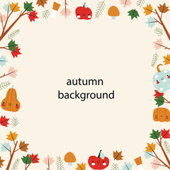 Abstract leaves, autumn flowers frame. Floral card with colorful leaf, pumpkins,mushrooms. Modern multi colour foliage background design, template. Square botanical backdrop. Flat vector illustration