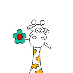 Landscape with cute baby giraffe chewing the leaves of a tree on an isolated white background. Flat vector kawaii character stands on the green grass on a sunny day and smiles happily.