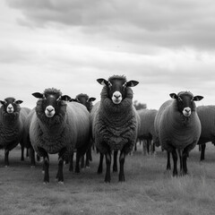 Obraz premium A flock of sheep in a pen in black and white style. AI Generated