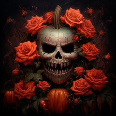 A jack-o-lantern surrounded by flowers. Halloween. Generative AI