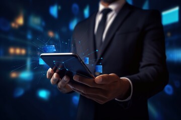 Businessman use modern interface payment, online shopping and customer network connection on virtual screen, smart logistics, innovative logistics, future of transportation in a large warehouse
