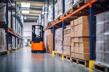 Product distribution center. Large retail warehouse full of shelves with goods in cartons, with pallets and forklifts. Logistics and transportation. Online store warehouse.