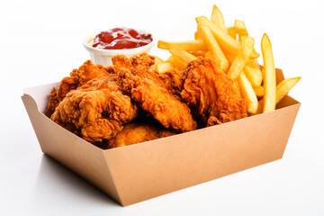 Paper Box Of Fried Chicken And French Fries Isolated On White Background. Ai Generated
 - Powered by Adobe