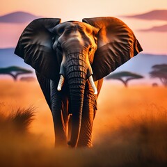 a noble elephant, standing proudly on a vibrant grassland, under the warm glow of an African sunrise | elephant at sunset
