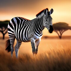 a noble zebra, grazing peacefully on a safari grassland, under the gentle breeze of an African dawn | zebra at sunset