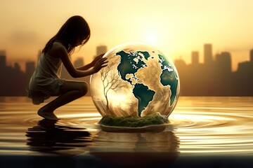 Scarcity of water. World water. Little girl squatting her feet in shallow water. Earth in a big transparent water ball in front of her. Concept of water scarcity, saving water, water for the planet. 