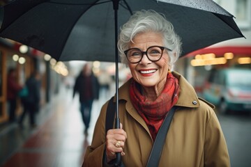 senior old woman. winter rainy day concept - obrazy, fototapety, plakaty