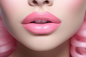 Beautiful woman with pink lips, makeup