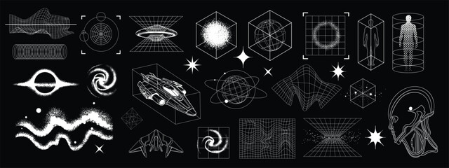 3D cyberpunk grid u2k wireframe shape set, warp retro futuristic geometric icon vector collection. Vintage science mathematic perspective frame , space ship globe. Futuristic wireframe object kit