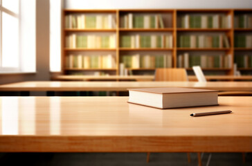 Wooden desk with library room with blur background, copy space for your text. Made with AI generation