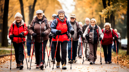 Older people doing Nordic walking exercises. Made with AI generation
