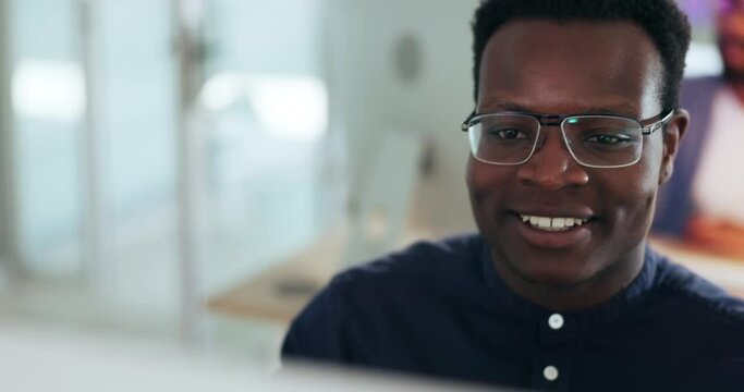Happy businessman, computer and online search or reading feedback, satisfied or smile. Black male employee, face or internet planning at office with glasses or creative idea for proposal at work